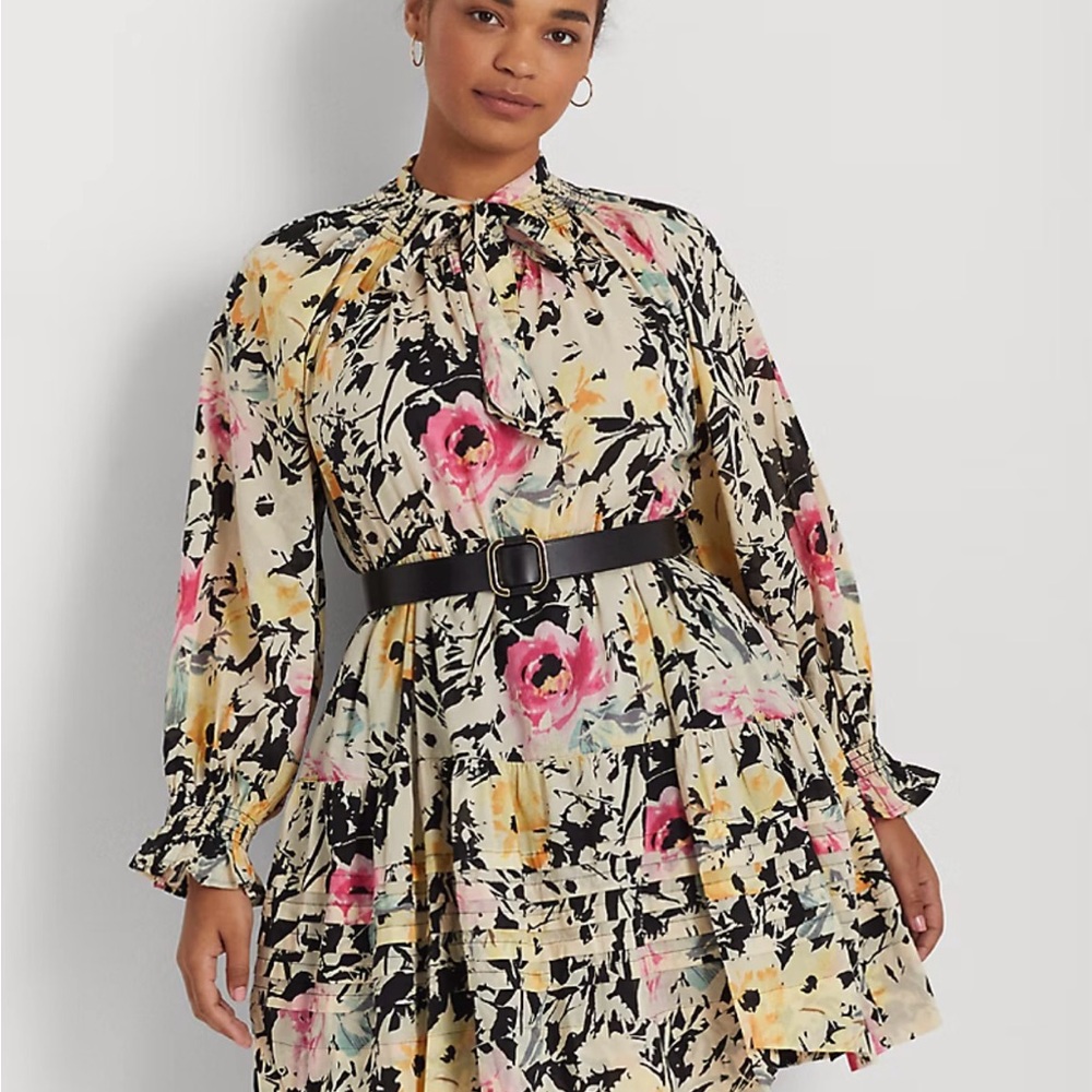 Ralph Lauren Floral Tie-Neck Long Sleeve Mini Dress in Cream, Pink and Black